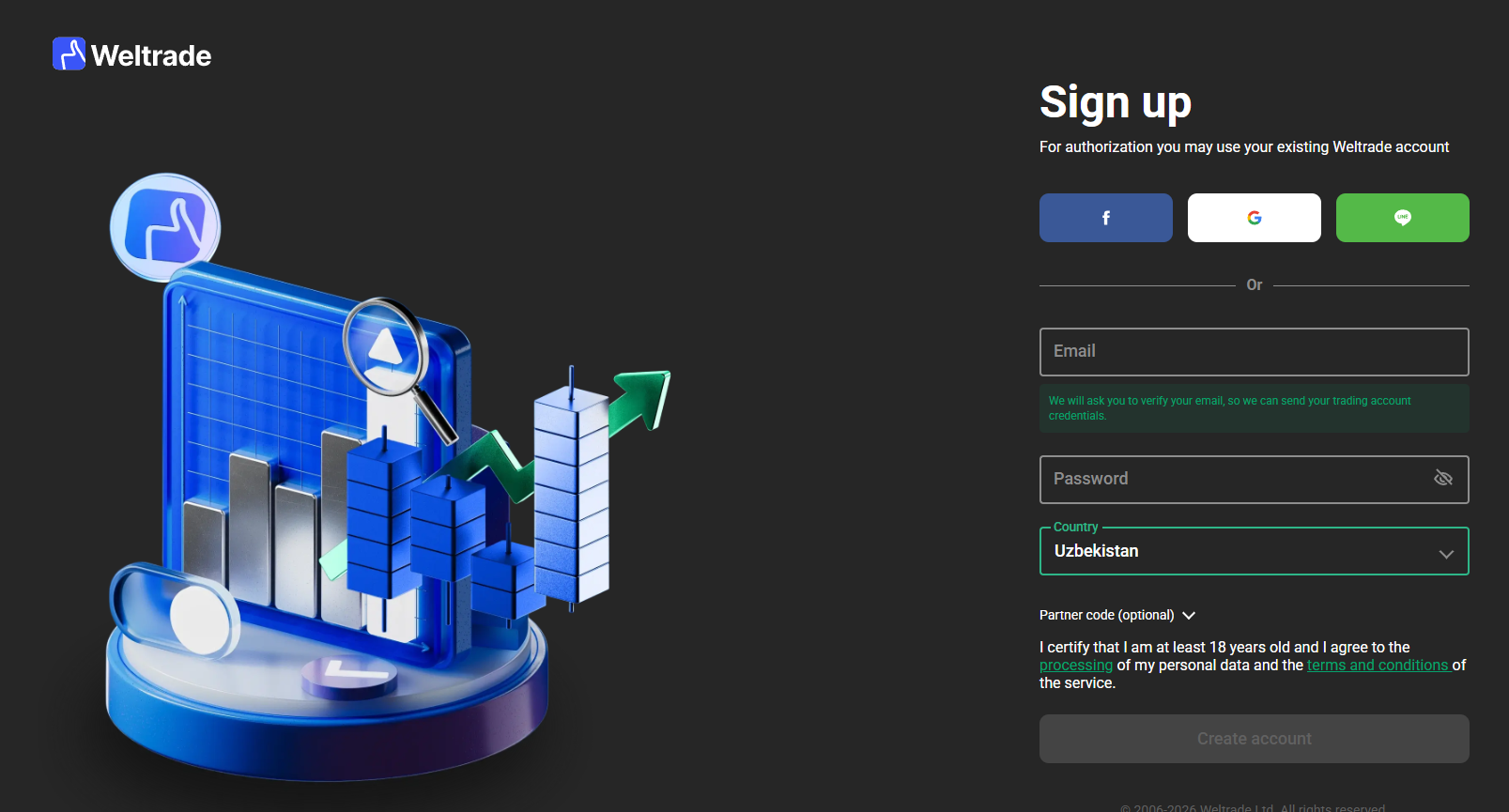 Weltrade sign up page interface for professional traders
