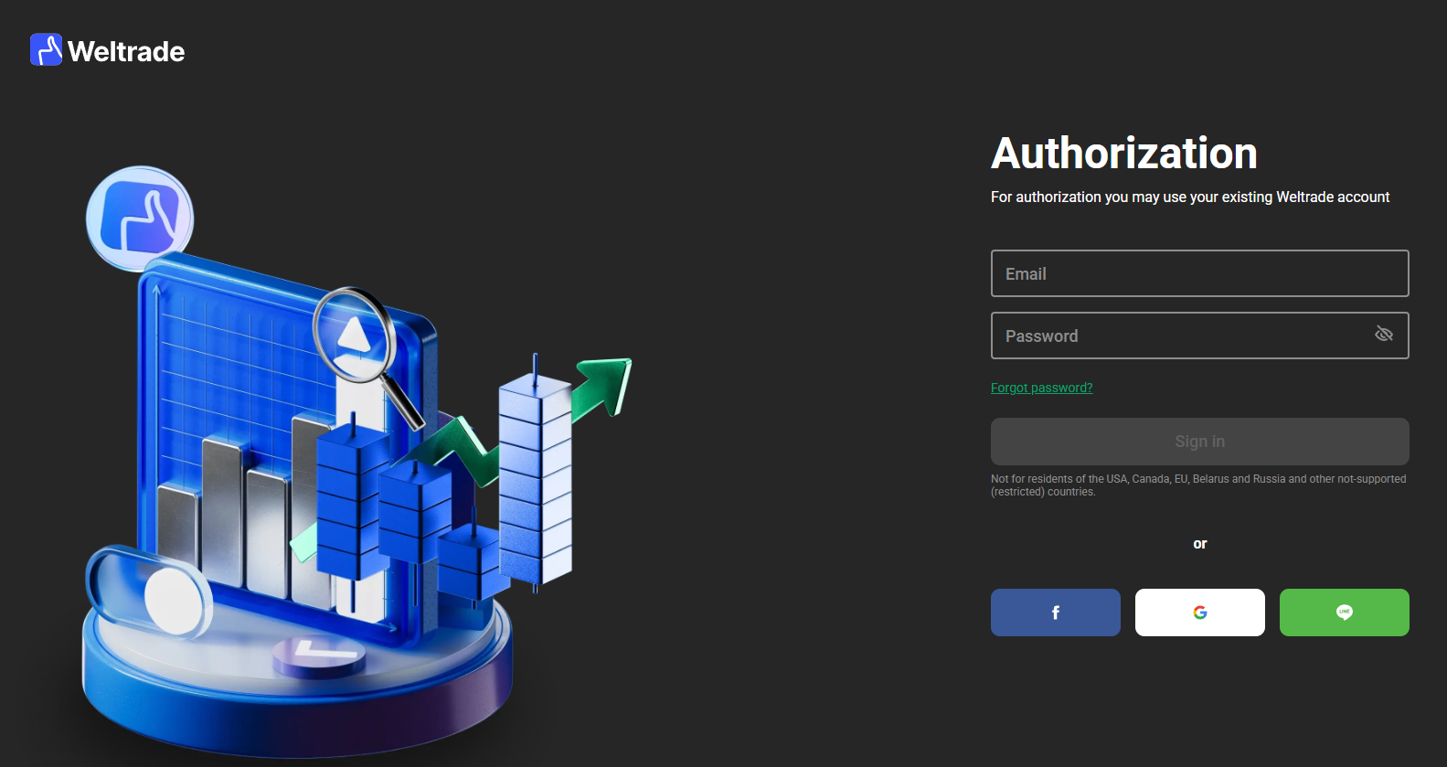 Weltrade login screen showing secure credential input fields