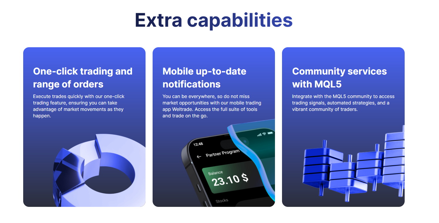 The Weltrade app displayed on a smartphone showing real-time forex quotes and account balance